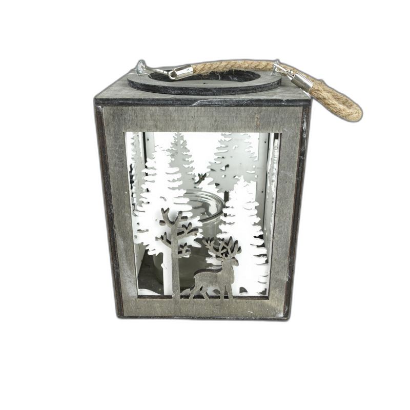 windlicht hout Kerst  grijs/wit