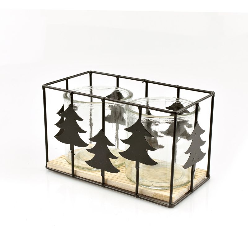 theelichthouder zwart metaal kerst 2x glas