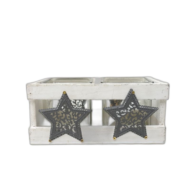 hout met metalen ster  + 2 glazen kerst Jac