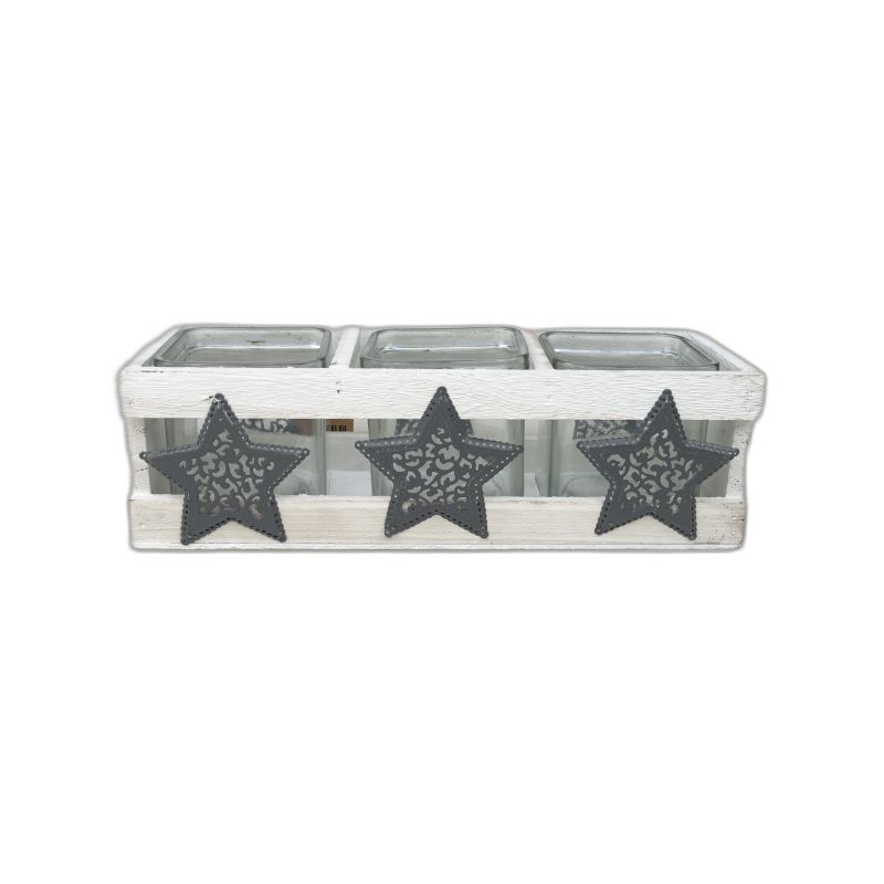 hout met metalen sterren  + 3 glazen Kerst Jac