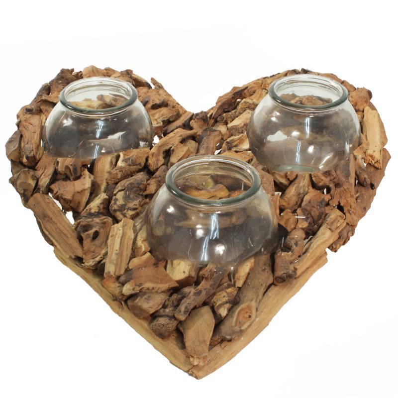 coeur bois flotté naturel + 3 boule en verre