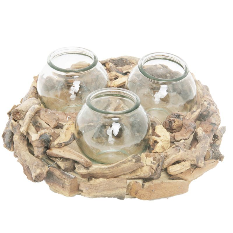 bois flotté white wash rond + 3 boule en verre