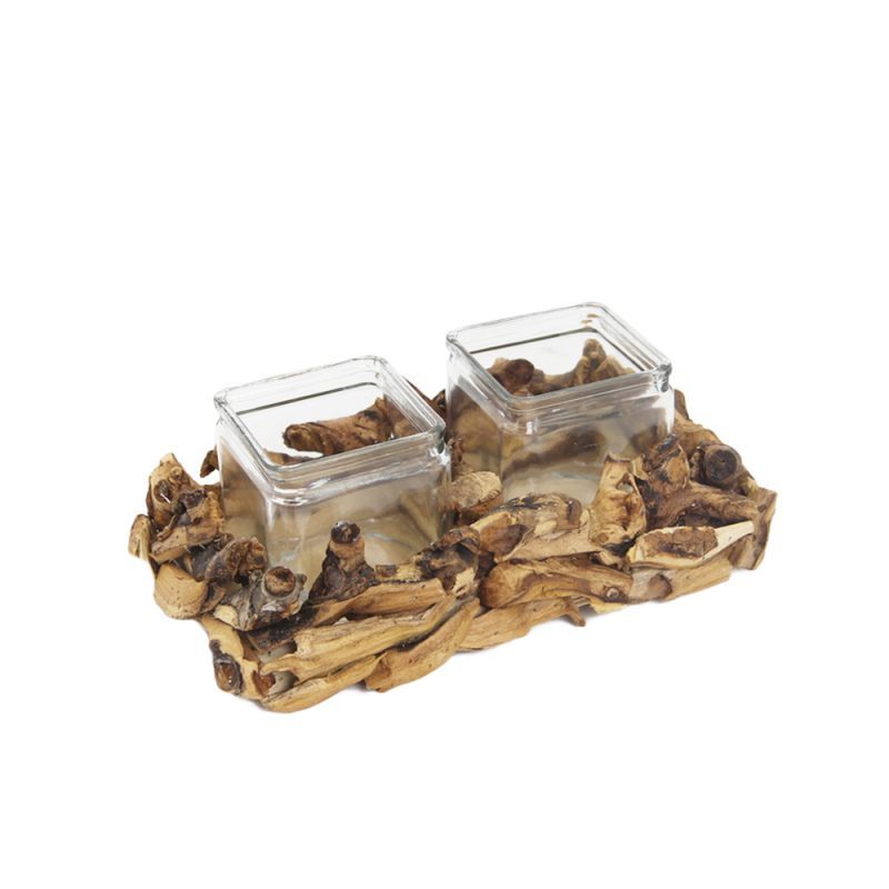 bois flotté naturel + 2 verres carré L