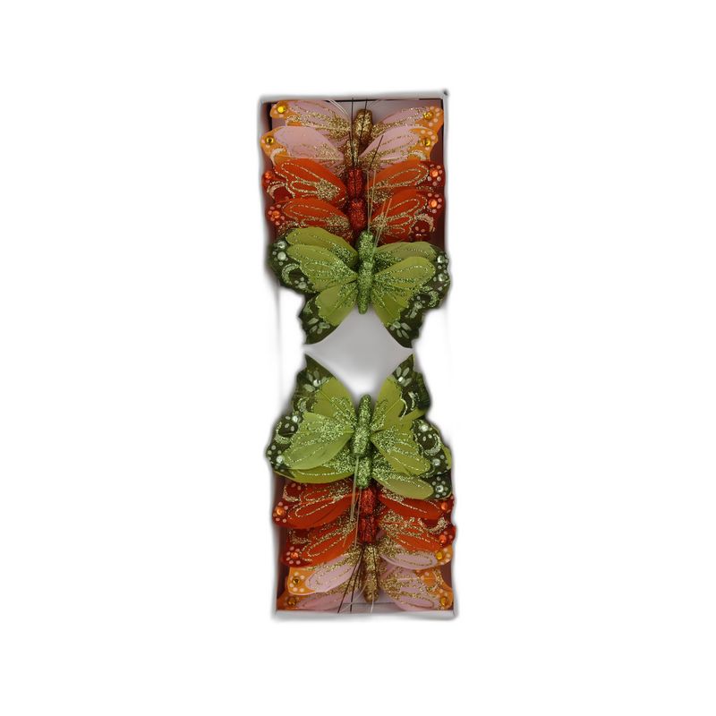 deco vlinder 12pcs - 8cm geel, oranje, groen