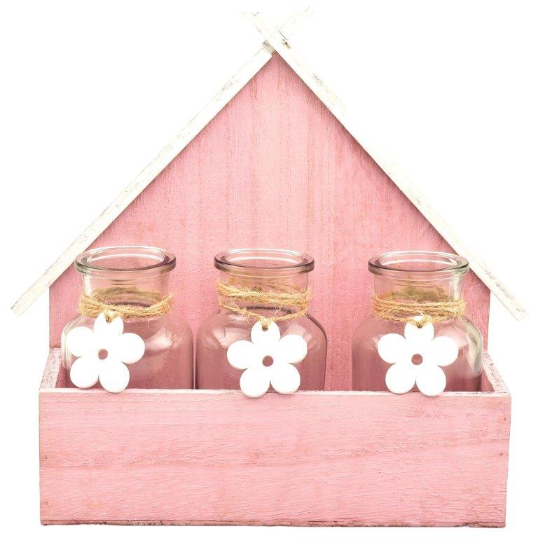 roze houten huis met 3 flesjes