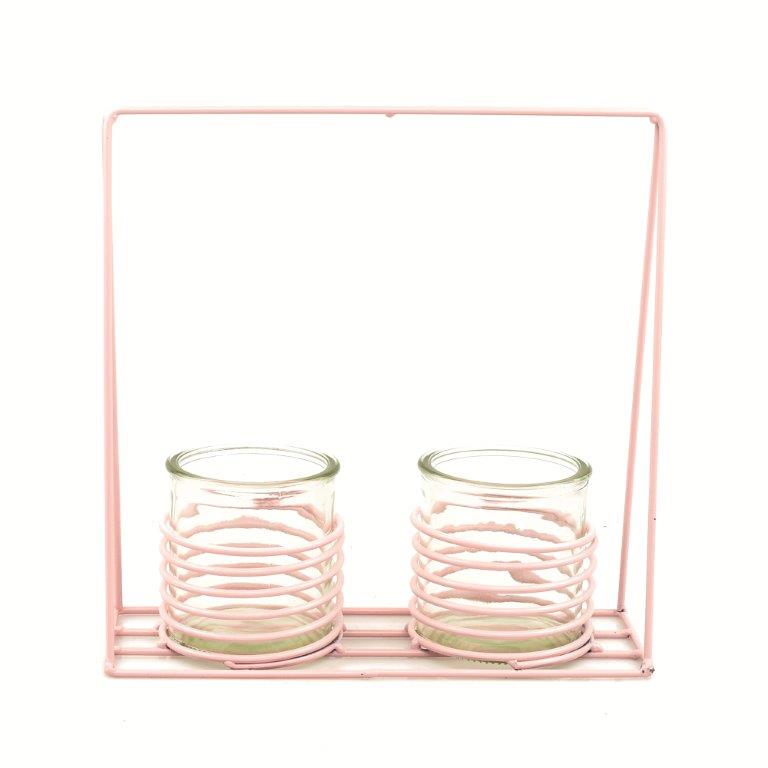 roze metalen kader springveren + 2 glazen