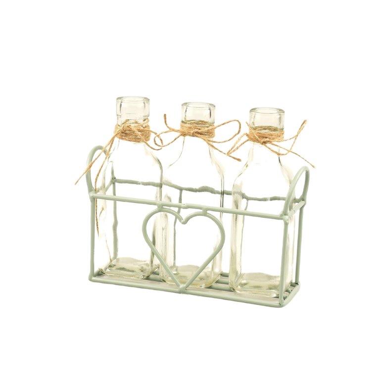 metalen mand met hart + 3 flesjes groen