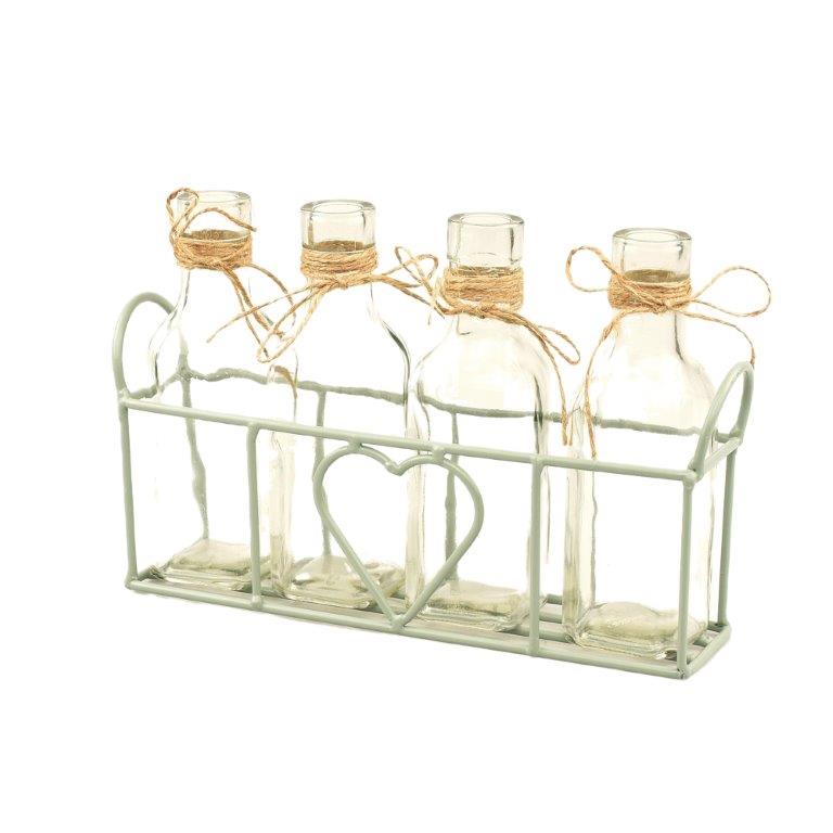 metalen mand met hart + 4 flesjes groen