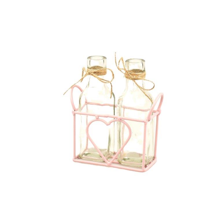 metalen mandje met hart + 2 flesjes roze
