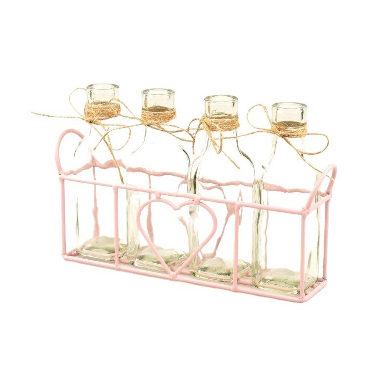metalen mand met hart + 4 flesjes roze