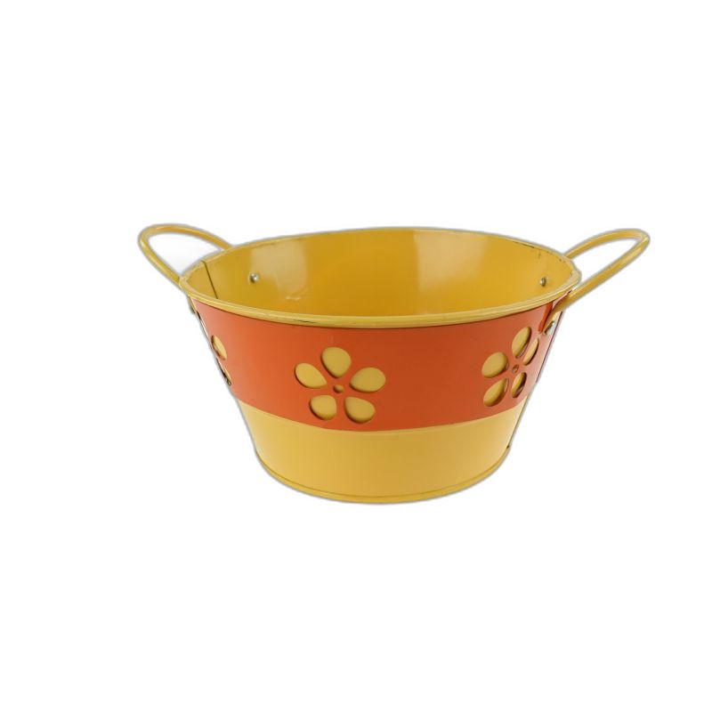 rond zink 2 anses motif fleurs orange et vert