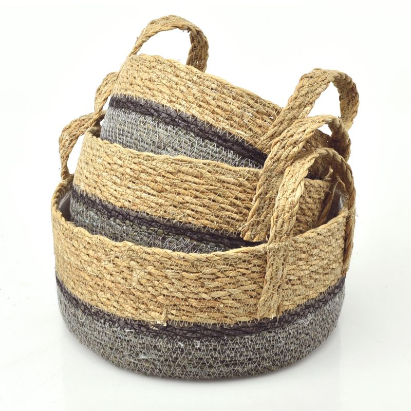 Straight SET/3 pcs Seagrass Bowl Baskets w/ Ears - Icy-Blue