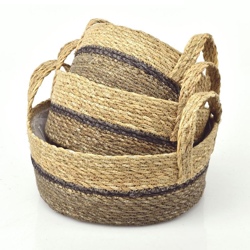 Straight SET/3 pcs Seagrass Bowl Baskets w/ Ears - Ash-Grey