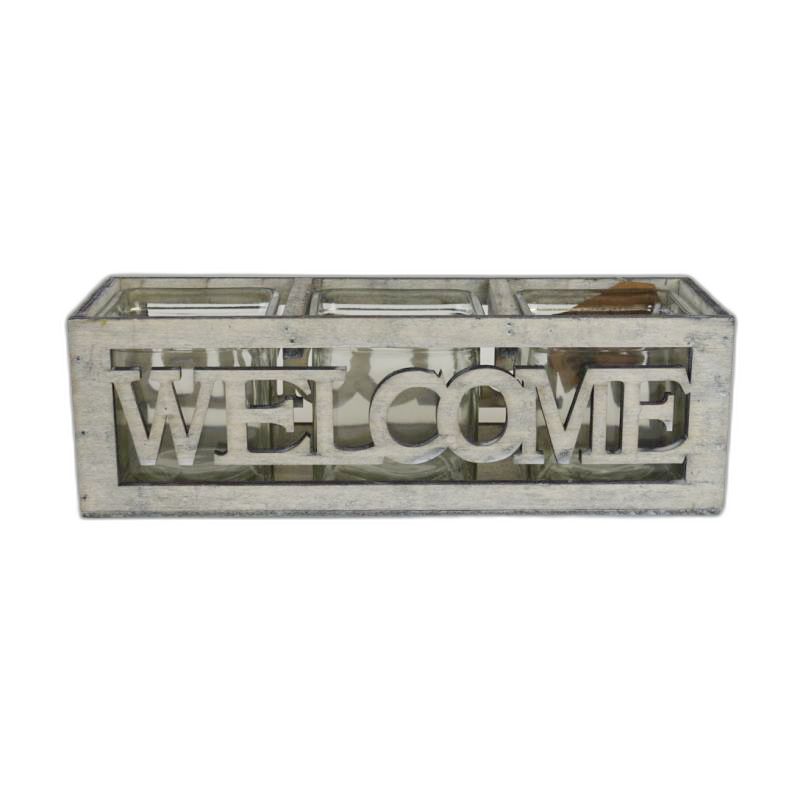houten bakje "welcome" grijs