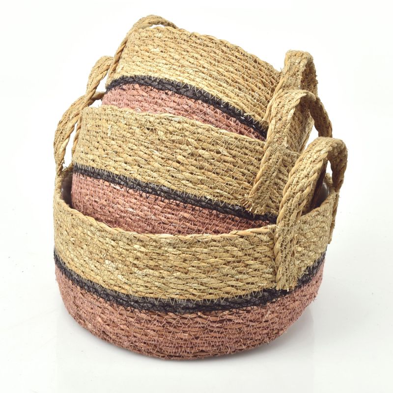 Straight SET/3 pcs Seagrass Bowl Baskets w/ Ears - Soft-Red