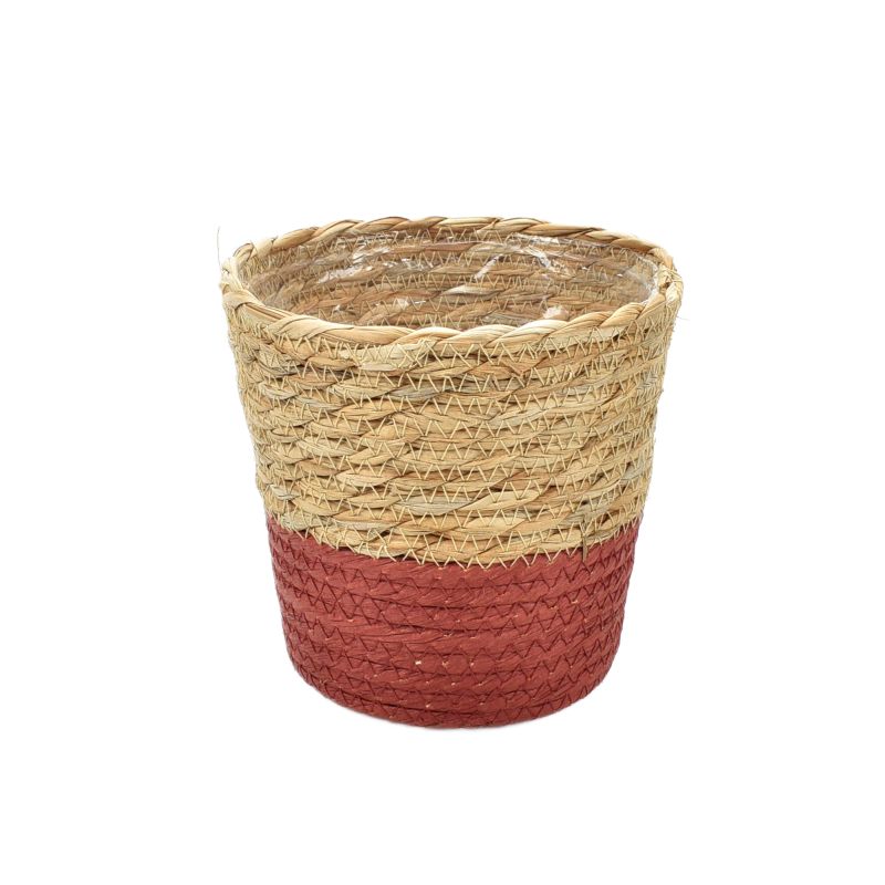 Straw & Red Paper Pot Basket