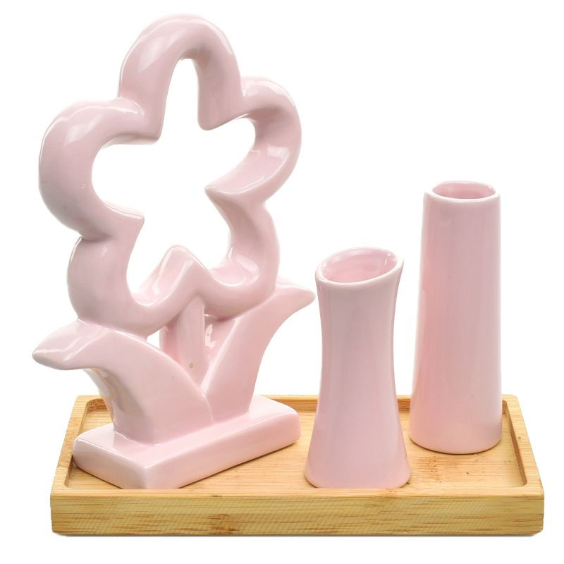 Two Pink Vases w/ Flower on Wood Plate