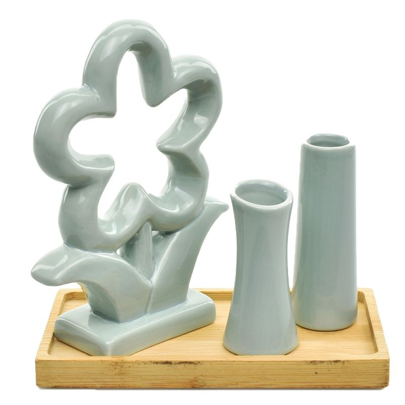 Two Green Vases w/ Flower on Wood Plate