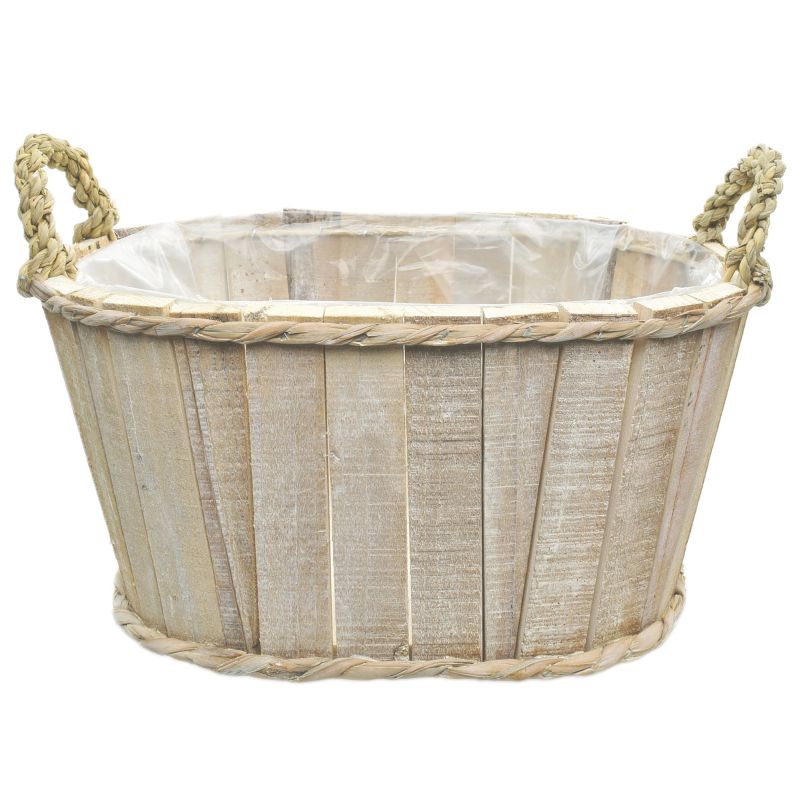 Whitewash Oval Wooden Planter w/ Ears