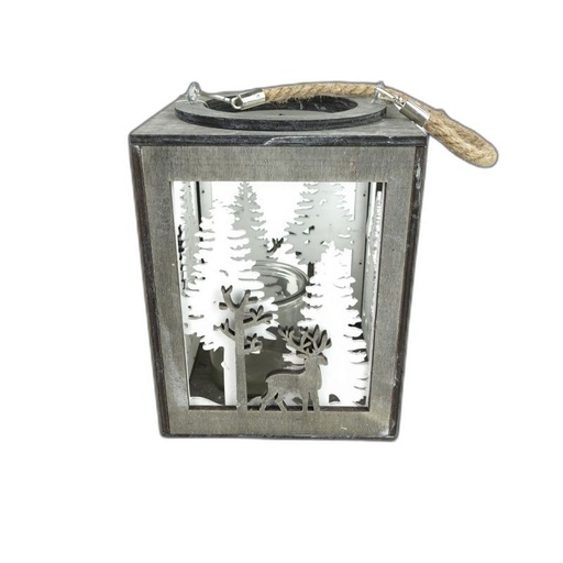 [21601] windlicht hout Kerst  grijs/wit