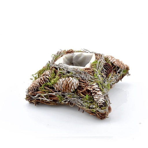 [23-053] planter vierkant twijg/mos/dennenappel Kerst