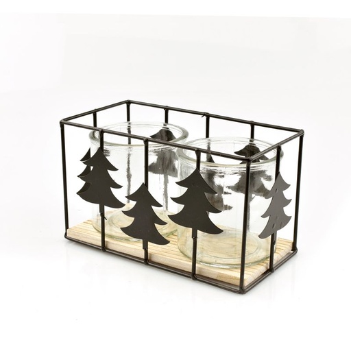 [24-605-V] theelichthouder zwart metaal kerst 2x glas