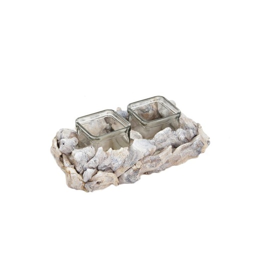 [34-751] bois flotté blanc + 2 verres carré