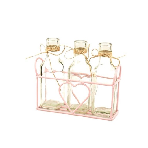 [24-837-V] metalen mand met hart + 3 flesjes roze