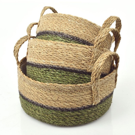 [46-073] Straight SET/3 pcs Seagrass Bowl Baskets w/ Ears - Green