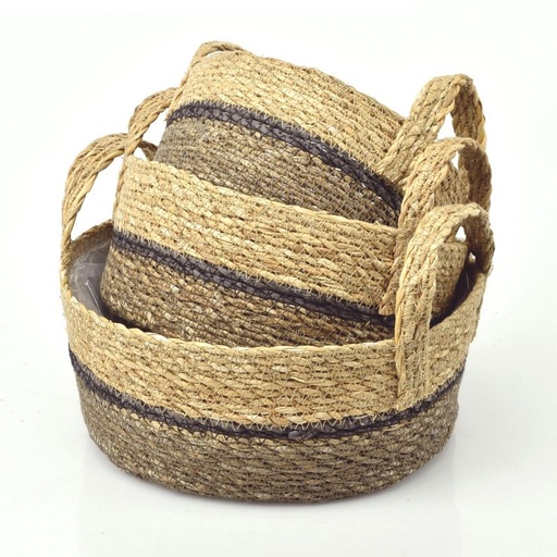 [46-075] Straight SET/3 pcs Seagrass Bowl Baskets w/ Ears - Ash-Grey