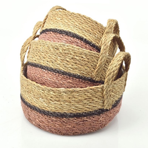 [46-072] Straight SET/3 pcs Seagrass Bowl Baskets w/ Ears - Soft-Red