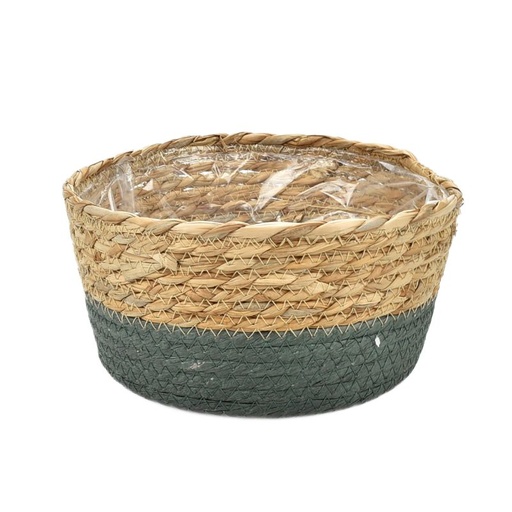 [19-831] Straw & Moss-Green Paper Bowl Basket
