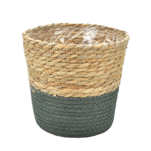 [19-824] Straw & Moss-Green Paper Pot Basket