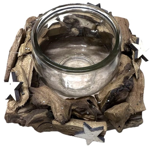 [32-541-S] drijfhout naturel met 1 bol glas sterren