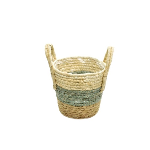 [44-121] Green Straw & Maize Rope Basket w/ Ears