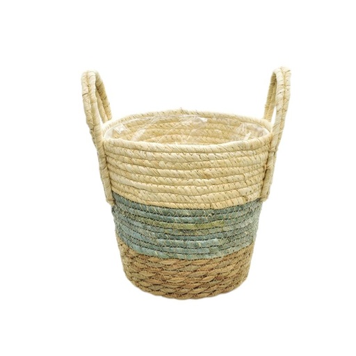 [44-123] Green Straw & Maize Rope Basket w/ Ears