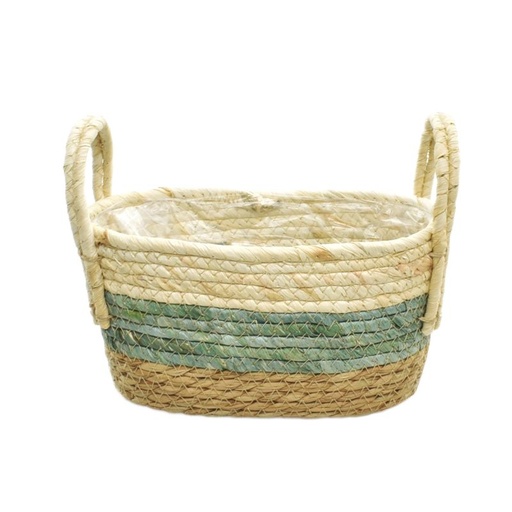[44-135] Oval Green Straw & Maize Rope Basket w/ Ears